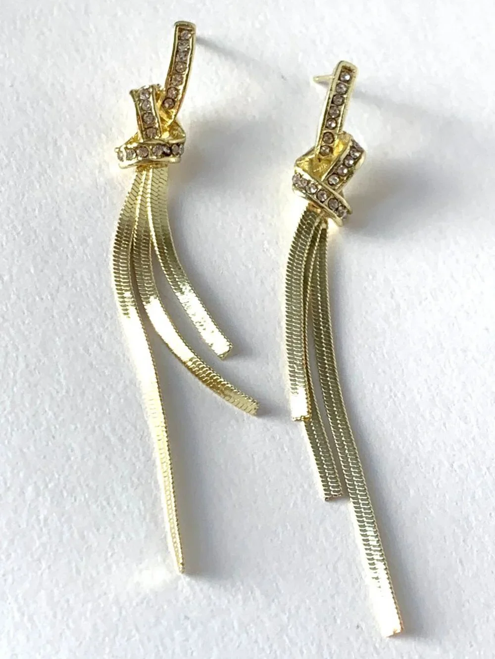 NEW~ Anthropologie Crystal Encrusted Knot Long Fringe Gold Earrings_5